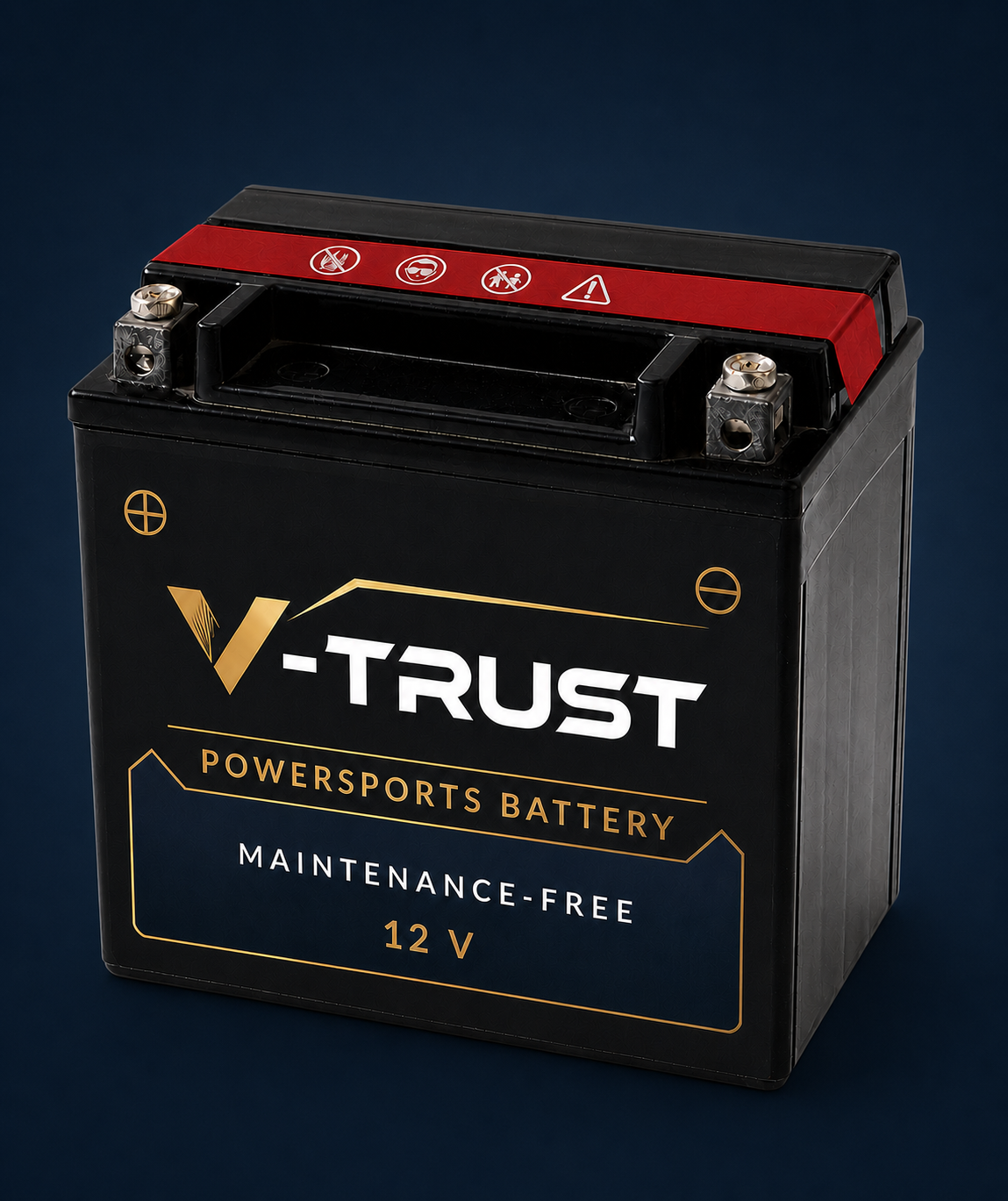 V-Trust maintenance-free PowerSports battery on a deep navy background